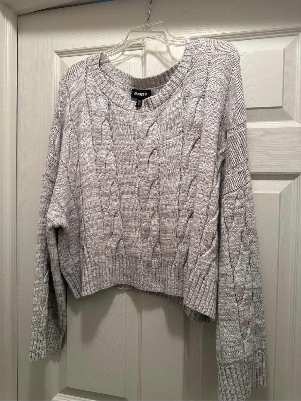 Express Tan and White Cable Knit Crewneck Sweater